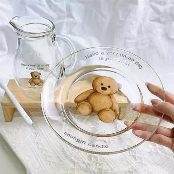 Plate Ins High Beauty Cartoon Glass Cup Little Bear Plate Girl Heart Cup Glass Milk Pot Dessert Western Food Plate 220ML 550ML
