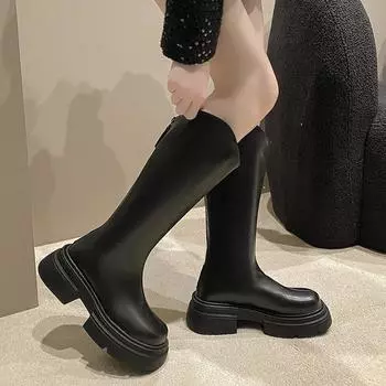 Сапоги на платформе для женщин 2024 осень/зима новые высокие бархатные сапоги на небольшом каблуке V-образной формы до колена 35 бежевый