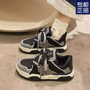 Platform bread shoes are versatile 2025 spring new gray women s shoes fashionable retro high-end sports and leisure board shoes 35 чёрный