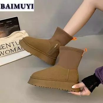 Platform Flats Women Snow Boots Fur Warm Cotton Shoes Suede Ankle Winter Plush Woman 2025 Trend Brand Leather Goth Botas Mujer 35 малиновый