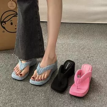 Platform Flip-flops Female Summer Retro Wedges Casual High-heeled Sandals Slippers Fashion Versatile Beach Shoes Zapatos Mujer 35 чёрный