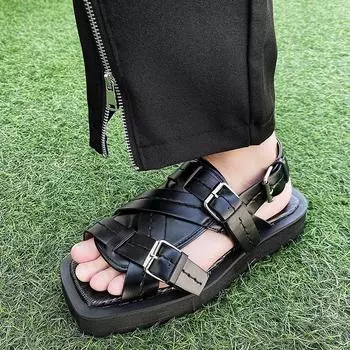 Platform Genuine Leather Sandals Japan Harajuku Buckle Outdoor Sneaker Beach Water Trekking Summer Men Classic Roman Sandals 38 чёрный