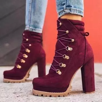 Platform High Heels Boots Women Ankle Boots Suede Woman Shoes Woman High Heels Sexy Motorcycle Boots Lace Up Punk Botas Mujer 35 чёрный