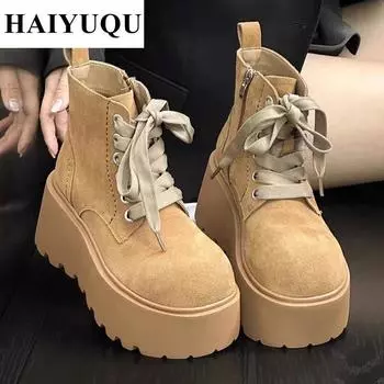 Platform High Heels Women Ankle Boots Lace Up Suede Shoes Designer Winter New Goth Shoes Trend Fashion Pumps Botas Mujer 35