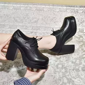 Platform high heels women s spring new waterproof platform thick heel lace-up deep mouth single shoes first layer cowhide fashion shoes 34