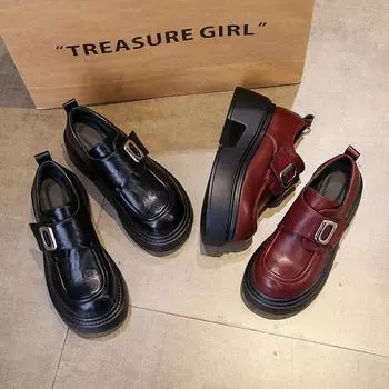 Platform leather British style small leather shoes women s 2024 versatile black single shoes Velcro loafers 34 чёрный