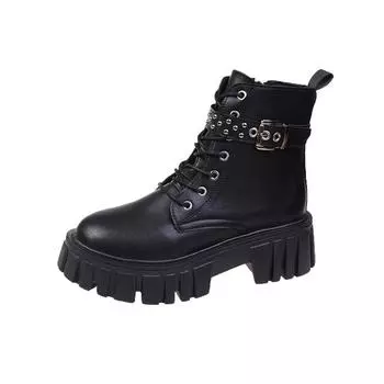 Platform Martin Boots Women s 2025 Chinese New Year New High Heel Thick Heel Small Skinny Black British Short Boots 35 чёрный