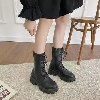 Platform Middle Heel Footwear with Laces Lace-up Women s Boots Round Toe Biker Shoes for Woman Goth Chic and Elegant New in Boot 35