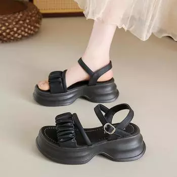 Platform muffin heel sandals women s summer new fashion pleats one-word buckle sandals women 35
