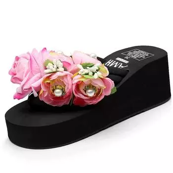 Platform Sandals 2024 Summer Fashion Women Flip Flops Wedge Beach Slides Flower Pearl Ladies Outside Thick Sole Bohemian Sandals 35