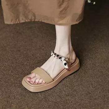 Platform Sandals for Women Summer 2024 Flat Rubber Ladies Shoes Leather Footwear One Word No Heel Asian Size Chic and Elegant H 35