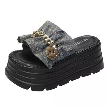 Platform sandals wedge heel women s slippers summer new Korean version fashion outer wear super high heel sandals muffin bottom bow 34