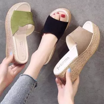 Platform Sandals Women 2024 New Fashion Wedge Shoes Ladies High Heels Thick Bottom Mules Summer Casual Female Slip on Slippers 35 зелёный