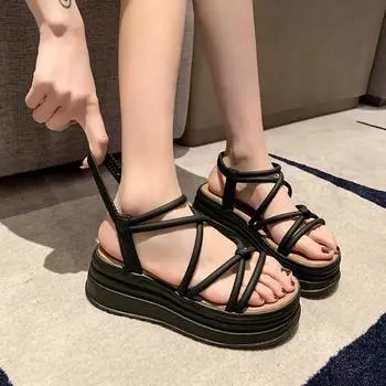 Platform Sandals Women 2024 Summer New Fashion High Heels Narrow Band Sandals for Ladies Open-toed Roman Beach Shoes Black White 35 чёрный