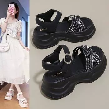 Platform sandals women 2025 summer new muffin versatile open-toed rhinestone soft sole one-word buckle fairy wedge heel shoes 35