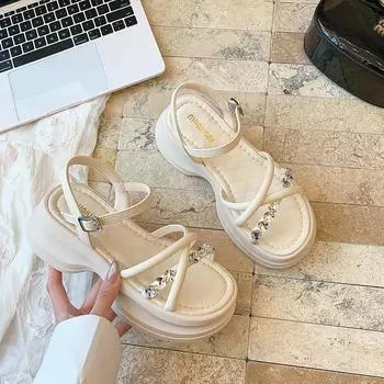 Platform sandals women s summer new high-end fashion and comfort word with muffin bottom rhinestone sandals 35