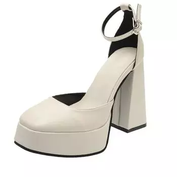Platform Shoes Pumps Block Heels Elegant Woman Heeled Dress Women s Social Sandals Super High Heel with Hanging Up To The Ankle 35 грязно-белый