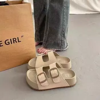 Platform shoes slippers women s summer new outer wear beach one-word drag high-end feeling with skirt cool slippers 35 бежевый