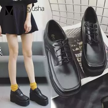 Platform Shoes woman flats muffins square toe small leather shoes women thicken soled loafers female creepers lace up oxfords 5 чёрный