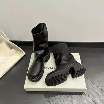Platform Short Boots Women s 2024 Autumn and Winter New Waterproof Platform Versatile Design Sense Leather Boots Women s Shoes 34 чёрный