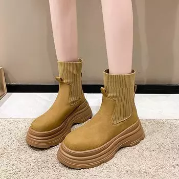 Platform short boots women s 2025 new autumn and winter elastic knitted thin boots heightening Martin boots single shoes thin socks boots 35 чёрный
