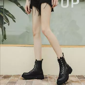 Platform Short Shoes for Women with Laces Chunky Booties Lace-up Female Ankle Boots Footwear Black Leather Hot Work Fashion 2024 35