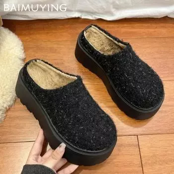 Platform Slipper Women Warm Suede Mules Cotton Shoes Woman 2025 Trend Casual Short Plush Walking Home Winter Snow Botas Mujer 35 коричневый