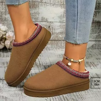 Platform Slippers for Women Winter Warm Snow Boots Cotton Fluffy Ladies Slides Luxury Designer Ethnic Style Lace Plush Slippers 36 бежевый