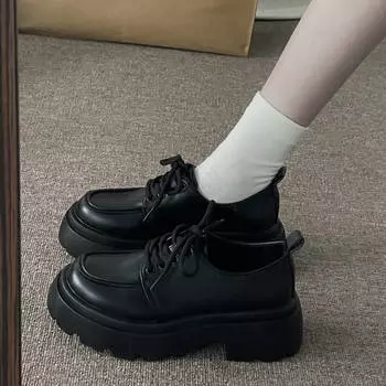 Platform small leather shoes women s new spring and autumn versatile black single shoes muffin shoes 35 матовый черный