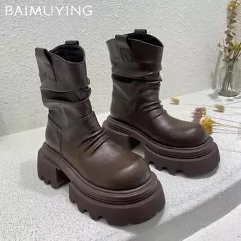 Platform Snow Ankle Boots for Women Chunky Leather Shoes Woman 2024 Trend Winter New Sneakers Goth Motorcycle Botas De Mujer 35 чёрный