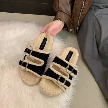 Platform-soled Boken shoes 2024 autumn and winter new Korean version one-word fluffy slippers women wear flat-soled Boken velvet cotton shoes 35 чёрный