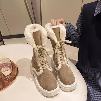 Женские замшевые сапоги на платформе до середины голени, меховые, со шнуровкой, на среднем каблуке, хлопковые туфли, тренд 2025 года, теплые, короткие, плюшевые, зимние ботинки для женщин 35 чёрный