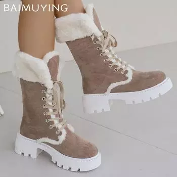 Platform Suede Women Mid Calf Snow Boots Fur Lace Up Mid Heels Cotton Shoes 2025 Trend Warm Short Plush Winter Botas De Mujer 35