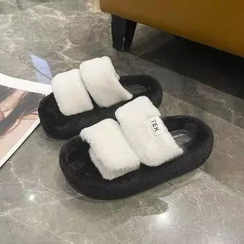 Platform thermal shoes, black fluffy slippers, women s outer wear 2024 morning, new versatile fashion one-word cotton mop 35 бежевый