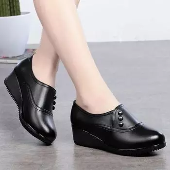 Platform Wedges Mom Shoes Black Leather Flats Woman Grandma Slip On Moccasins Casual Outdoor spring Loafers CN 36 чёрный