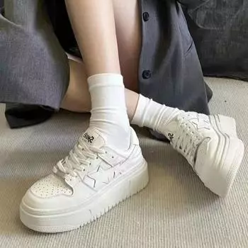Platform white shoes women s 2024 spring new soft leather comfortable lace-up shoes children s small women s shoes Korean version board shoes 35 белый