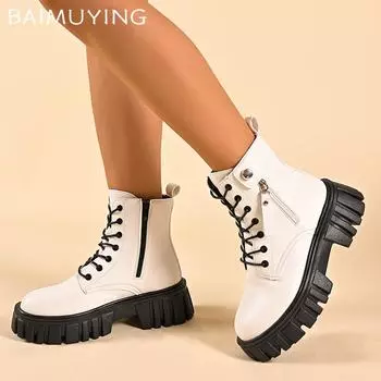 Женские туфли на платформе, ботильоны на среднем каблуке, дизайнерская обувь, на шнуровке, массивные мотоциклетные ботинки, тренд, зимние готические, новые, женские ботинки 35