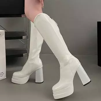 Platform Women High Boots Super High Heels Fashion Shoes Leather Designer Winter Motorcycle Boots 2024 Trend Goth Mujer Zapatos 35 чёрный