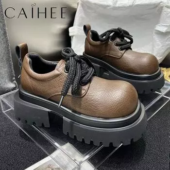 Platform Women Mary Janes Shoes Pu Leather Mid Heels Shoes Designer Dress Pumps Autumn New 2024 Trend Lace Up Zapatillas Femme 35 бежевый