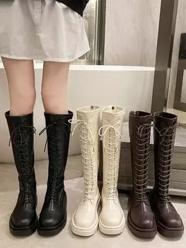 Platform women s shoes but knee boots Skinny boots Lace-up knight boots Autumn and winter white small long boots Women s tall boots 35