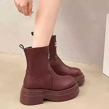 Platform Women Snow Ankle Boots Fad Mid Heels Winter Shoes Leather Designer Motorcycle Boots 2024 Trend Goth Mujer Zapatillas 35 чёрный