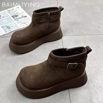 Platform Women Snow Ankle Boots Suede Short Plush Mid Heels Cotton Shoes 2025 Trend Designer Buckle Casual Warm Winter New Botas 35 коричневый
