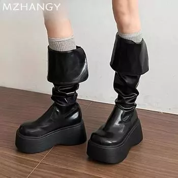Платформа Кожа Женские Высокие Сапоги Дизайнерские Туфли На Высоком Каблуке Женские Трендовые Зимние Сапоги 2025 Прогулочные Новые Готические Ботинки Челси Mujer 35 бежевый