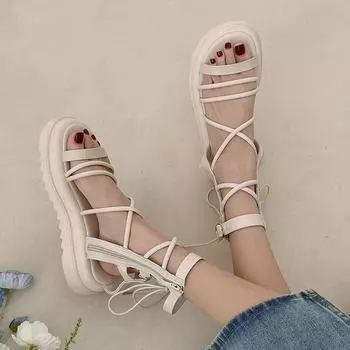 Платформа повседневная Интернет знаменитость белые ретро босоножки на платформе женские 2025 новая летняя пляжная одежда римские туфли 35 бежевый