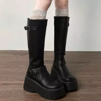 Платформа танкетка каблук женские сапоги до колена модные ремень пряжка слипоны длинные сапоги осень зима женская обувь 35