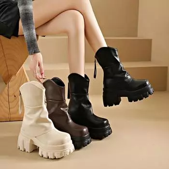 Платформа Увеличение Женские Ботильоны Модные Молнии Сзади Туфли Осень Зима Толстый Каблук Нескользящие Женские Короткие Ботильоны 35