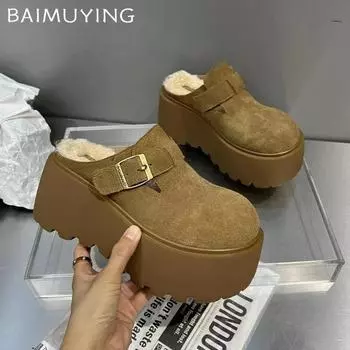 Платформа Высокий каблук Тапочки Женские замшевые туфли-мюли Женские 2025 Тренд Зима Новые Теплые Повседневные Модные Снежные Ботинки Mujer Zapatos 35 верблюд