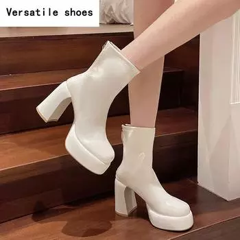 Платформа Высокий каблук Женские ботильоны Модные элегантные туфли с молнией сзади Осень Зима Женские современные короткие ботильоны 35