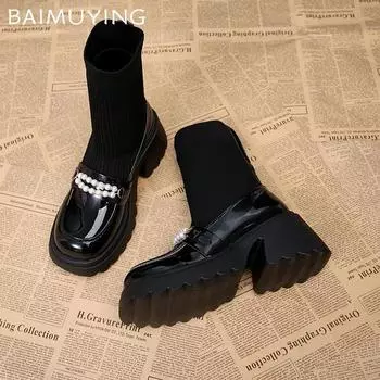 Платформа вязаные женские зимние ботильоны на высоком каблуке жемчужные кожаные туфли женские 2025 тренд зимние готические носки челси Botas De Mujer 35 чёрный