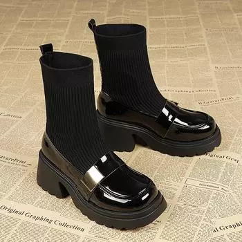 Платформа Женские Ботильоны Ботильоны Высокие Каблуки Трикотажные Хлопковые Массивные Туфли Зимняя Мода Новые Ботинки Трендовые Туфли-лодочки Челси Botas Mujer 35 чёрный